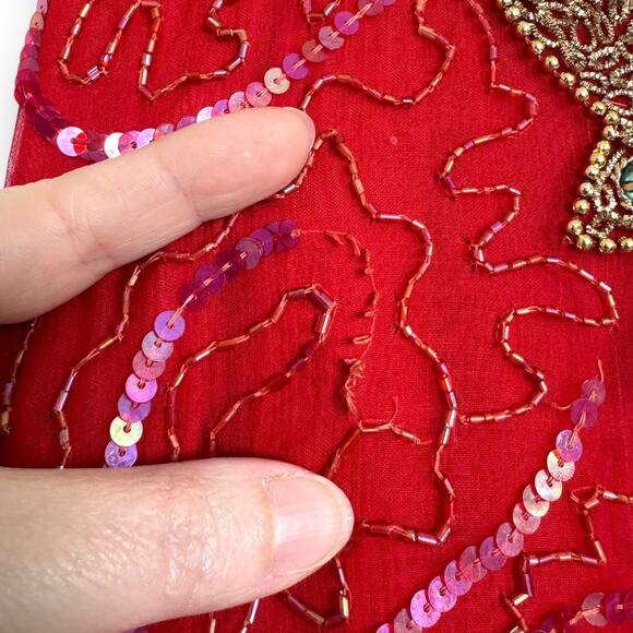 Vintage Gold Star Red 100% Silk Fully Beaded Midi Length Dress Women's Size S - Picture 10 of 15